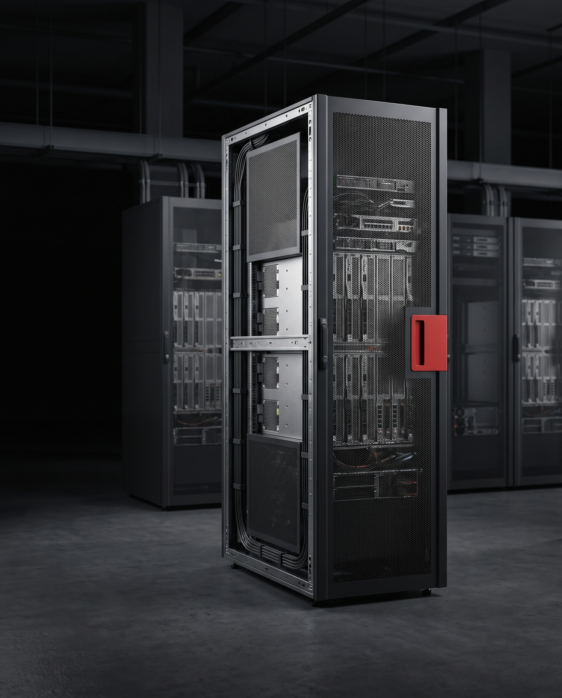 Charcoal server cabinet with a red door handle in a dark data hall